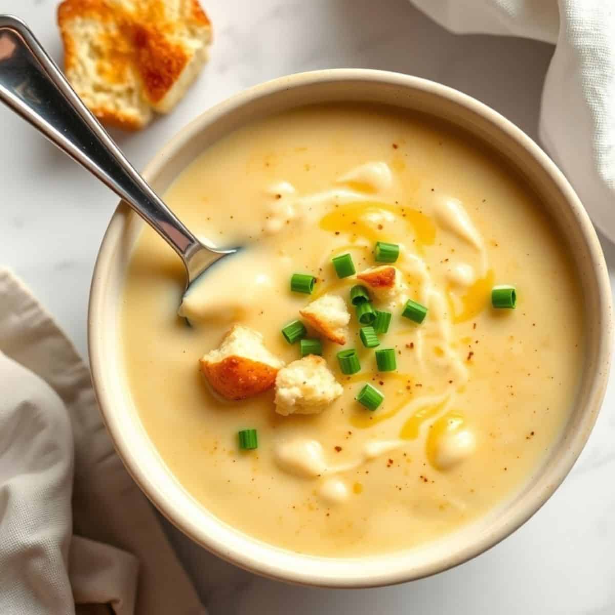 Creamy roasted garlic cheddar cauliflower soup garnished with green onions, croutons, and black pepper in a white bowl.