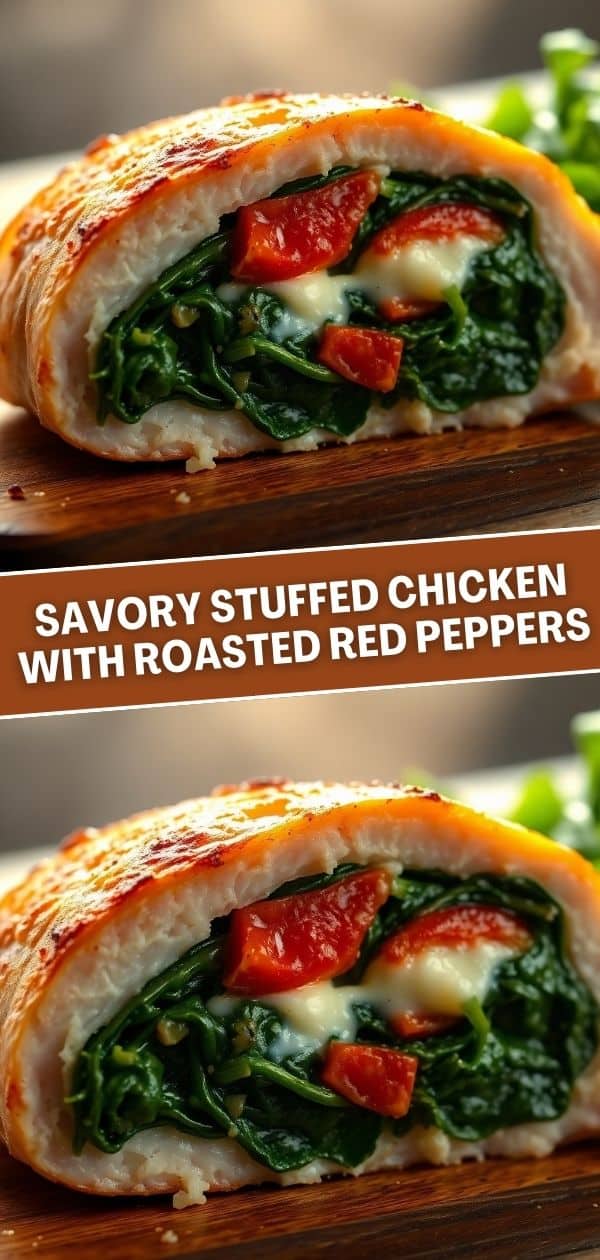 Sliced stuffed chicken breast with spinach and roasted red peppers on wooden board.