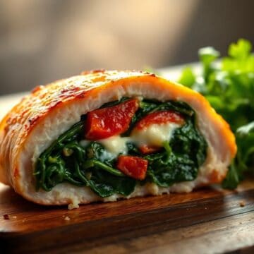 Stuffed chicken breast with spinach and roasted red peppers on wooden board with fresh parsley garnish.