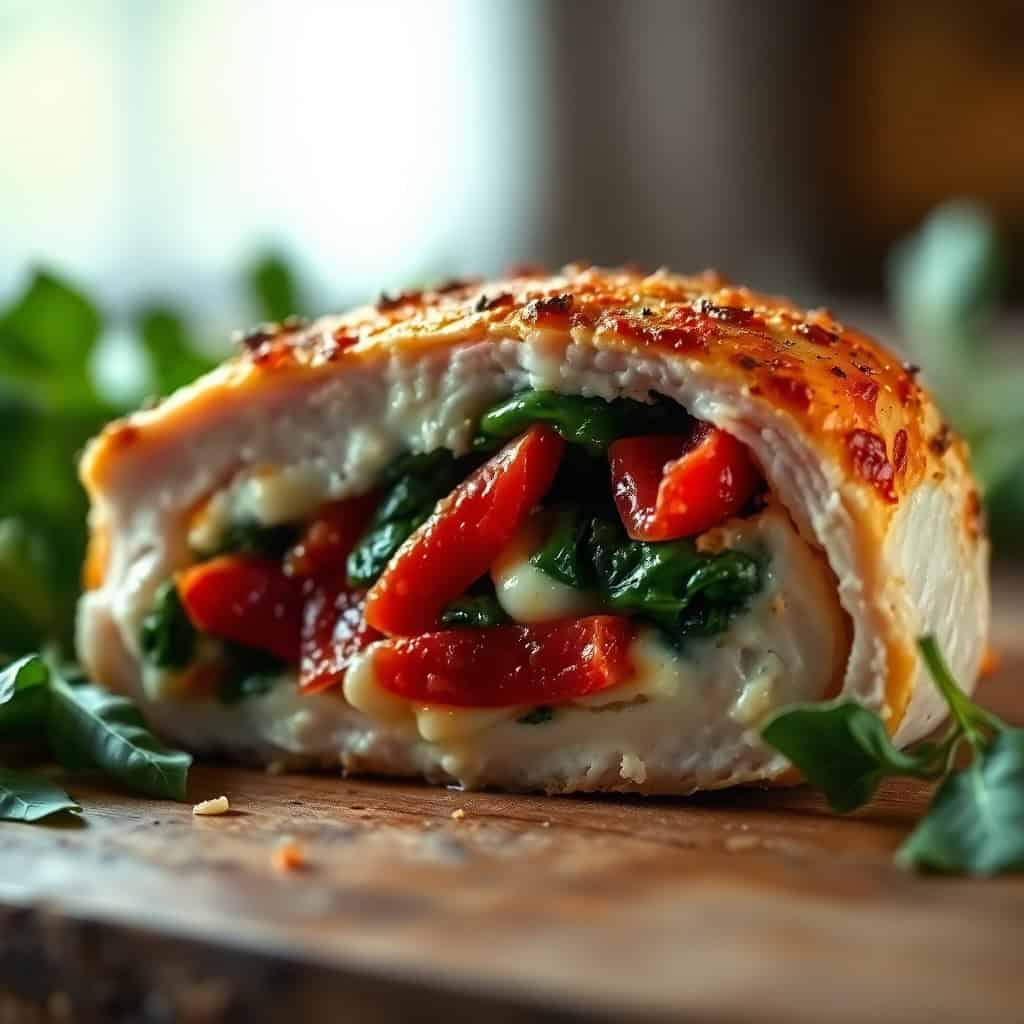 Stuffed chicken breast with roasted red peppers and spinach, golden-brown exterior, served on wooden board.