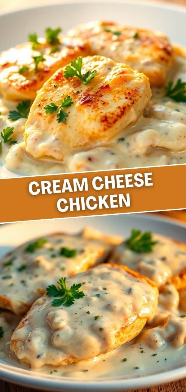 Cream cheese chicken breasts on white plates, garnished with fresh parsley, in creamy sauce.