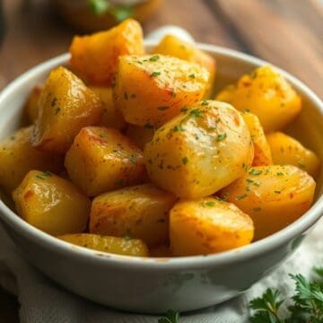 Golden roasted potatoes garnished with fresh herbs in a white bowl on a neutral surface.