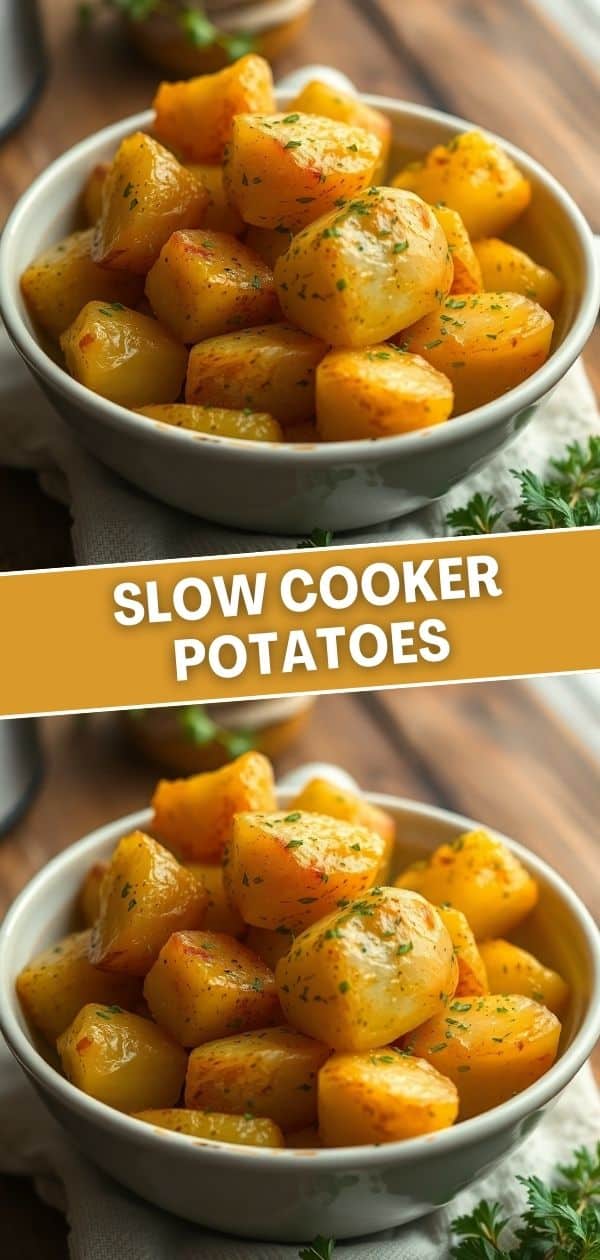 Slow cooker potatoes garnished with herbs in white bowl on wooden surface.
