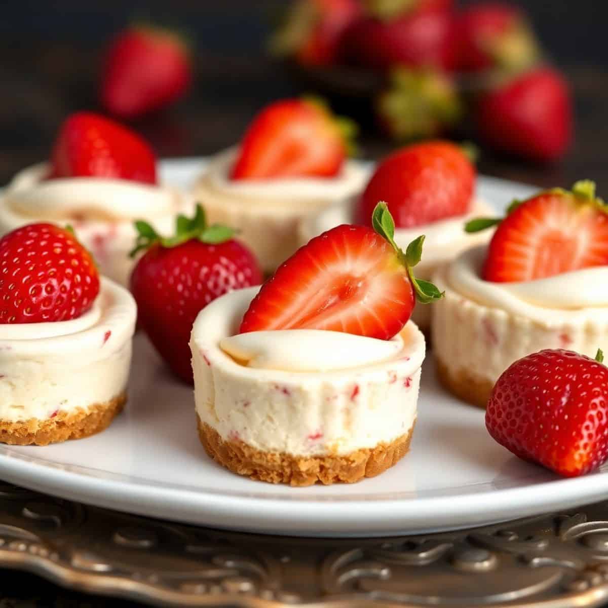 Mini strawberry cheesecake bites with graham cracker crust, creamy filling, and fresh strawberry garnish on white plate.
