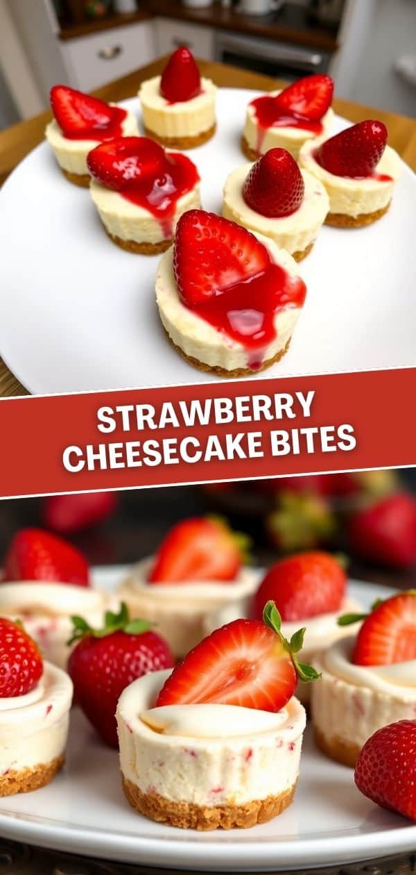 Mini strawberry cheesecake bites with graham cracker crust, creamy filling, and fresh strawberry garnish on white plates.