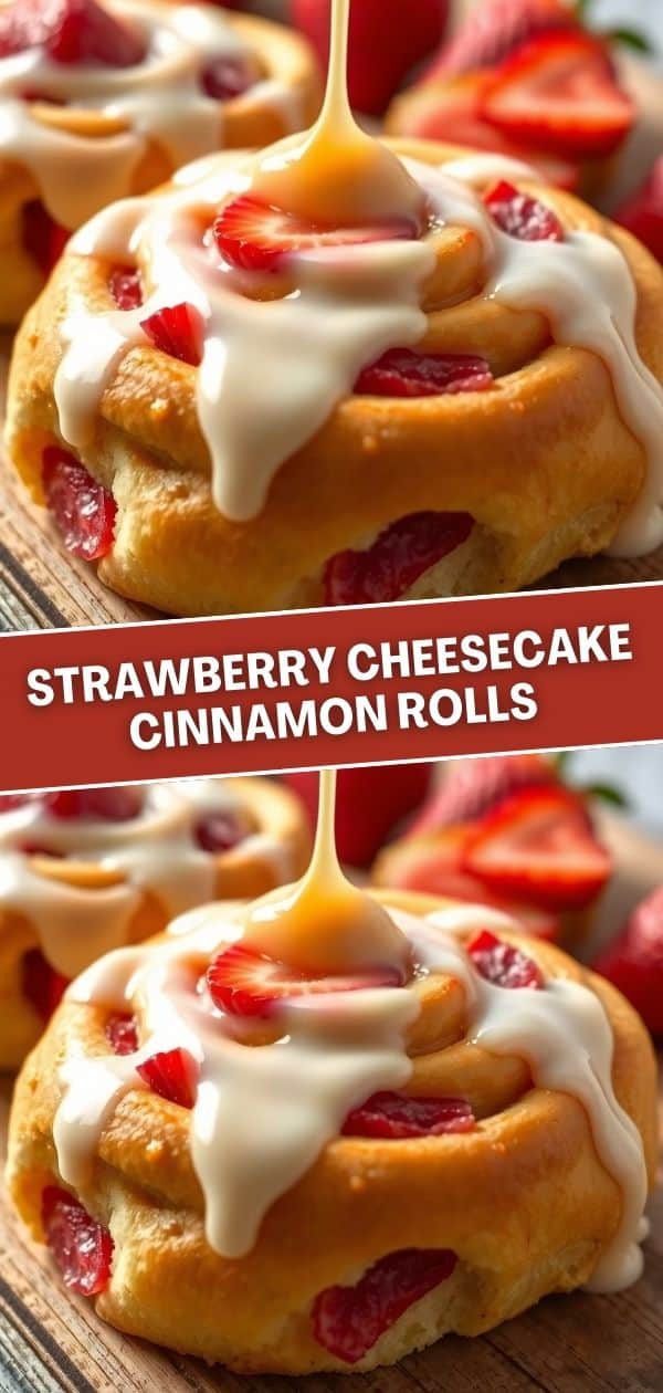 Strawberry cheesecake cinnamon rolls with white glaze and fresh strawberry pieces on wooden surface.