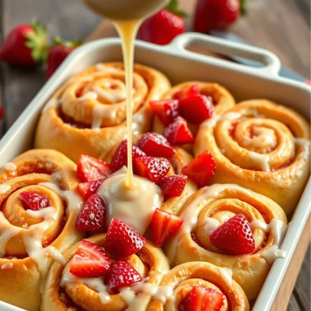 Strawberry cheesecake cinnamon rolls in white baking dish with glaze drizzle and fresh strawberry garnish.