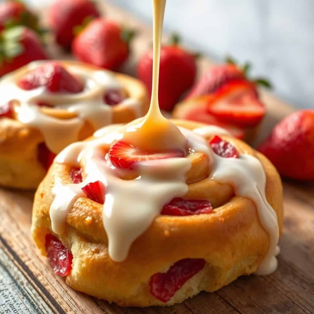 Strawberry cheesecake cinnamon rolls with white frosting drizzle on wooden board, fresh berries background.