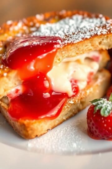Strawberry cheesecake French toast slice with red jam, cream filling, powdered sugar, and fresh strawberry on white plate.