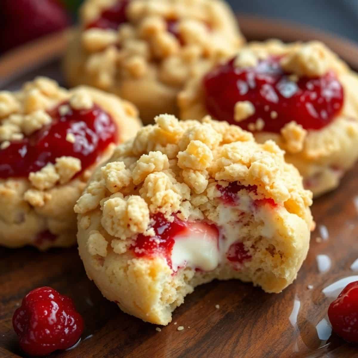 Strawberry cream cheese crumble cookies with red jam filling and crumb topping on wooden board.