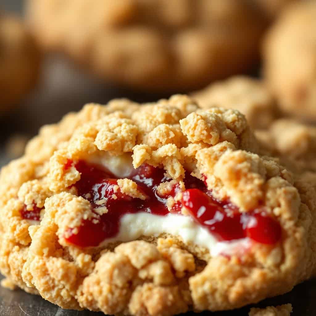 Strawberry cream cheese crumble cookie broken open revealing red jam and white cream cheese filling.