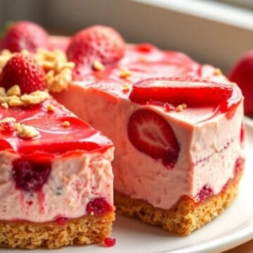 Sliced strawberry crunch cheesecake with graham cracker crust, creamy filling, fresh strawberries, and nuts on white plate.