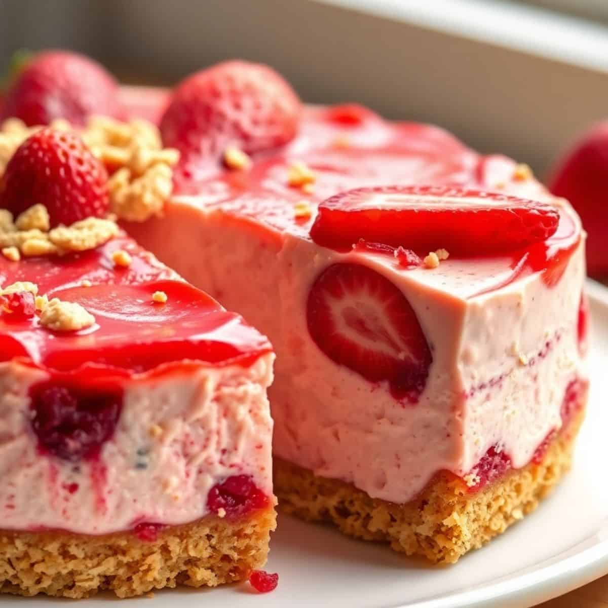 Sliced strawberry crunch cheesecake with graham cracker crust, creamy filling, fresh strawberries, and nuts on white plate.
