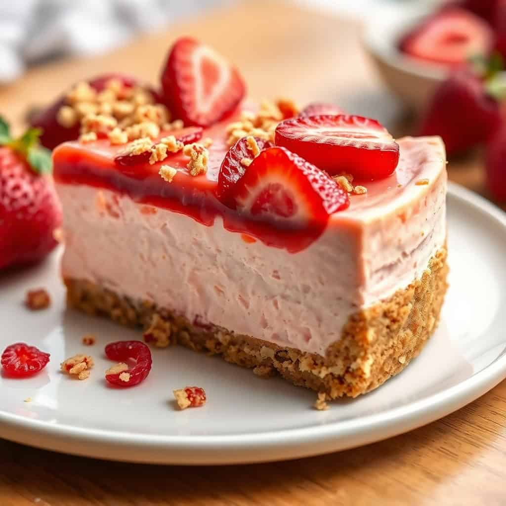 Strawberry crunch cheesecake slice with graham cracker crust, pink filling, fresh strawberries, and granola topping on whi...