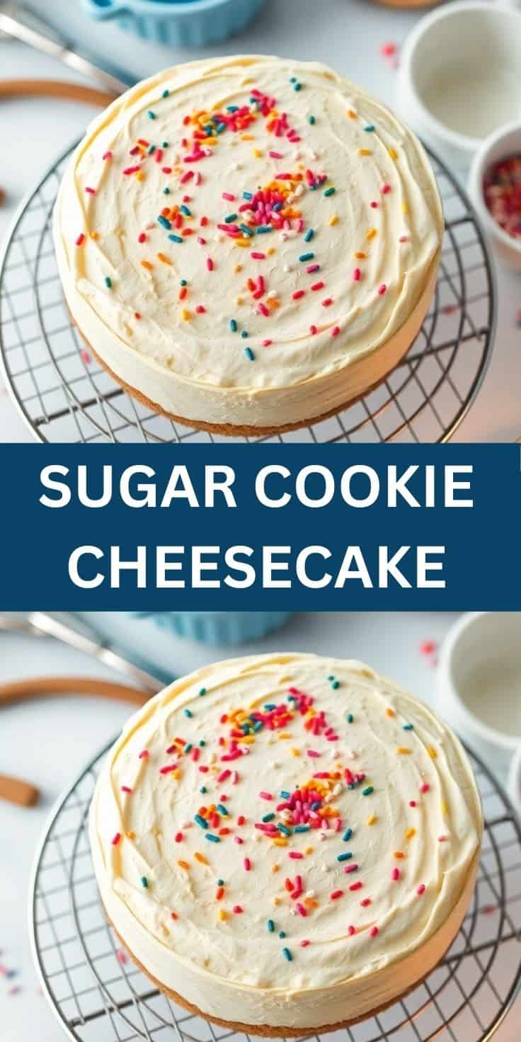 Sugar cookie cheesecake with cream cheese frosting and colorful sprinkles on wire cooling rack.