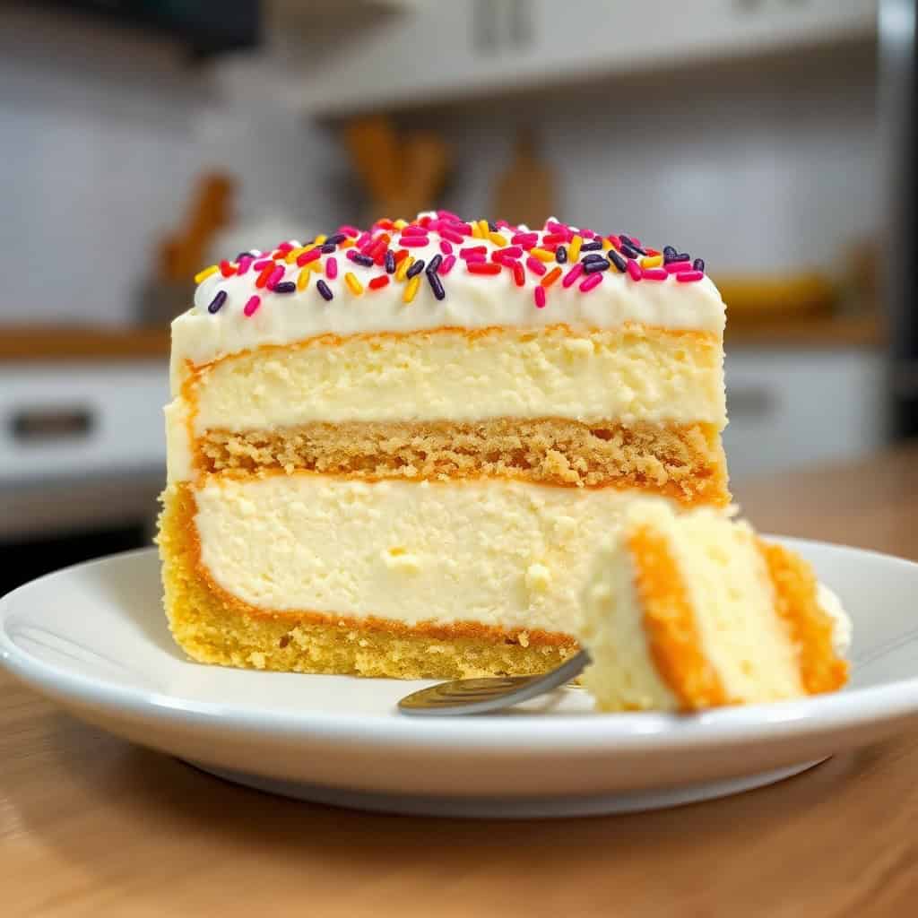 Layered sugar cookie cheesecake slice with white frosting and colorful sprinkles on white plate.
