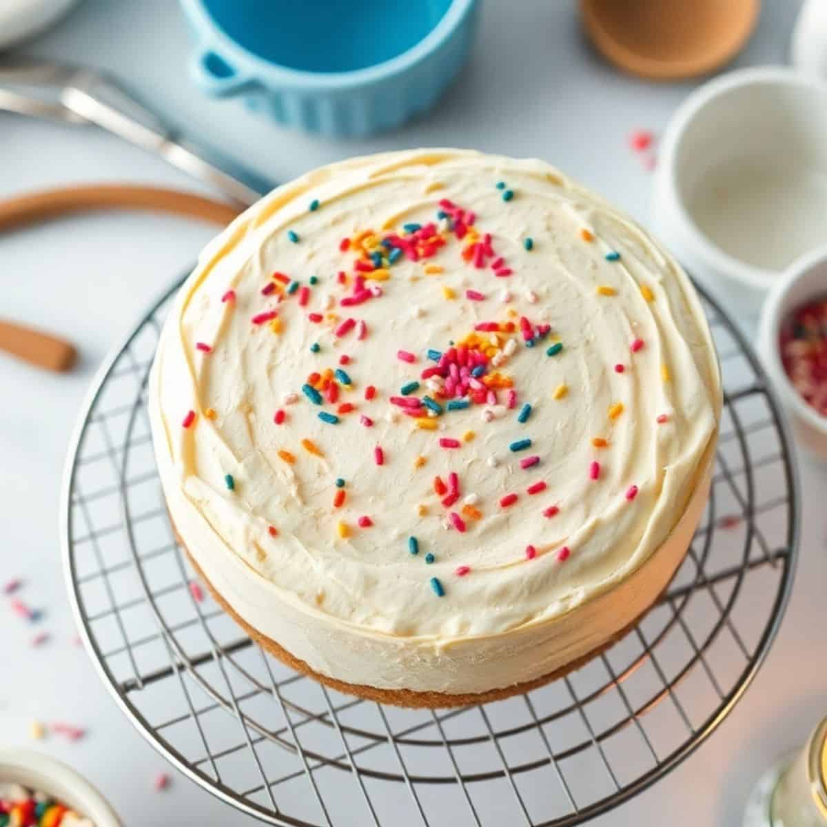 Sugar cookie cheesecake with cream frosting and colorful sprinkles on wire cooling rack.