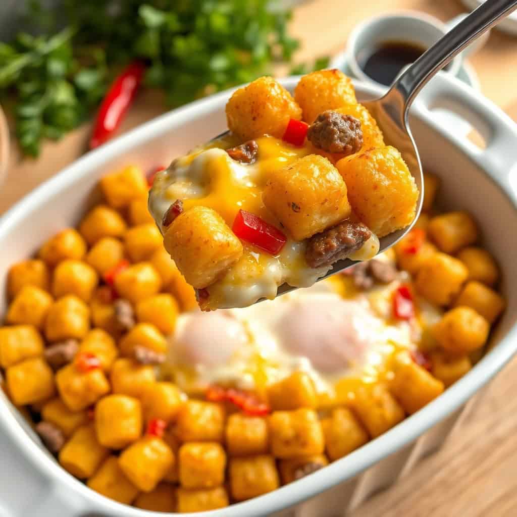 Tater tot sausage breakfast casserole with melted cheese and red peppers in white baking dish.