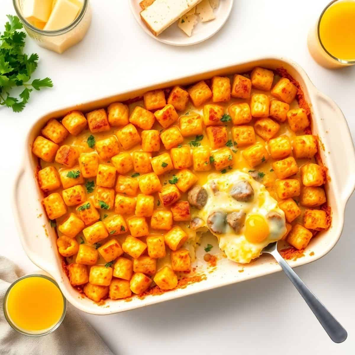 Tater tot sausage breakfast casserole in white baking dish, garnished with parsley and orange juice nearby.
