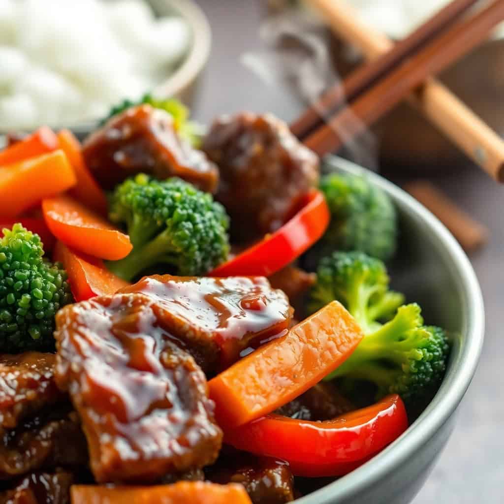 Teriyaki glazed beef stir-fry with broccoli and red peppers served in a white bowl with chopsticks.