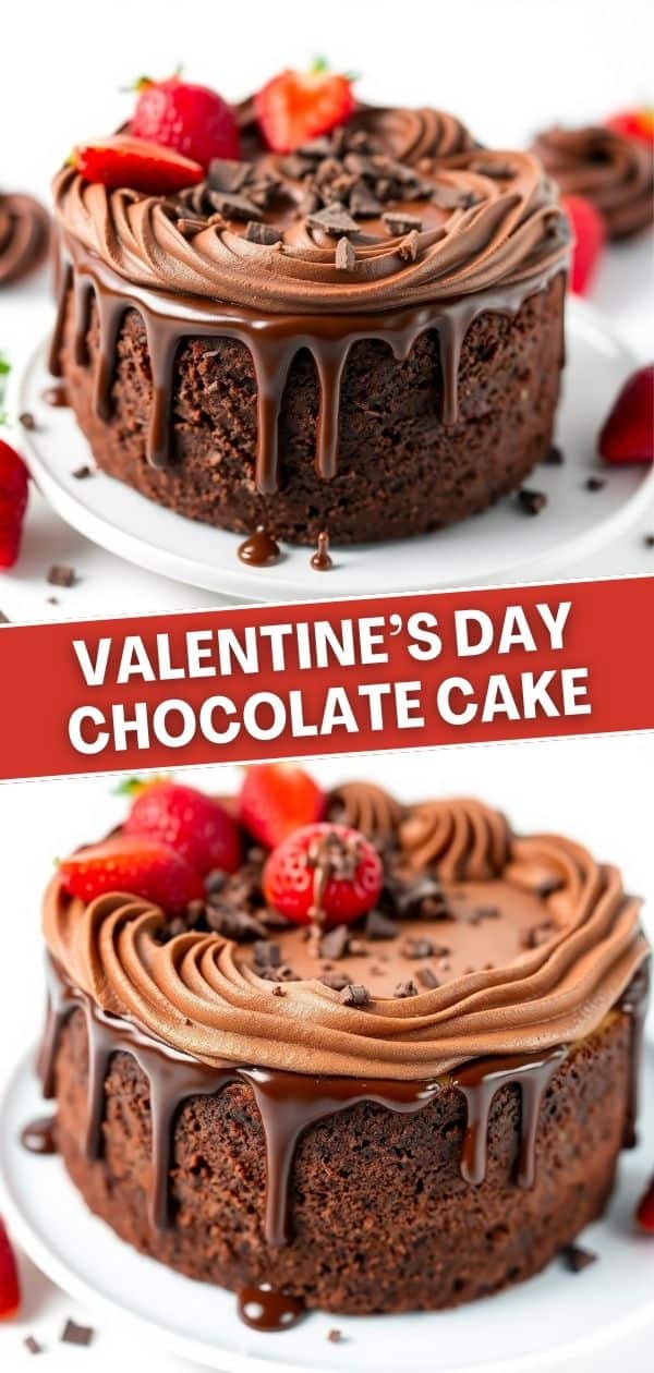 Decadent chocolate cake with chocolate frosting, chocolate drip, fresh strawberries, and cocoa shavings on white plate.