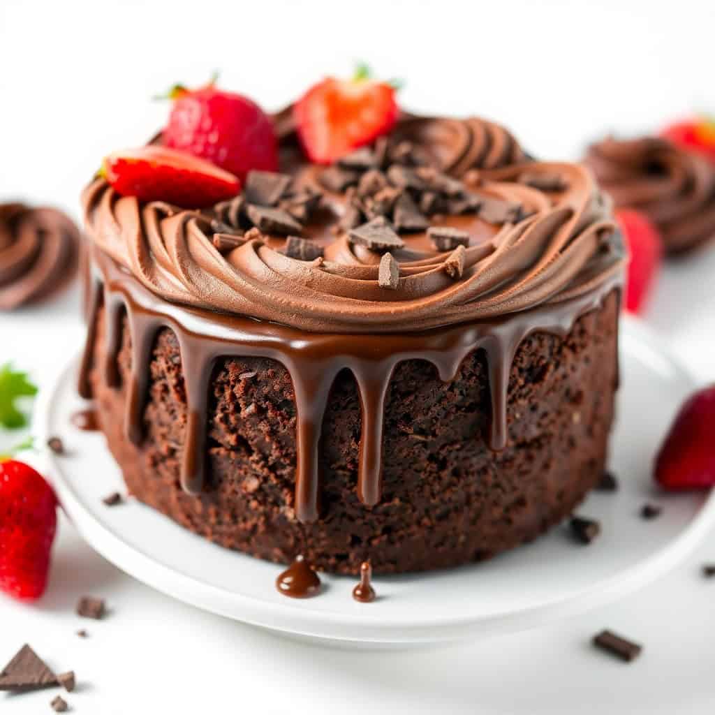 Chocolate cake with chocolate frosting, chocolate ganache drip, piped rosettes, chocolate shavings, and fresh strawberries...