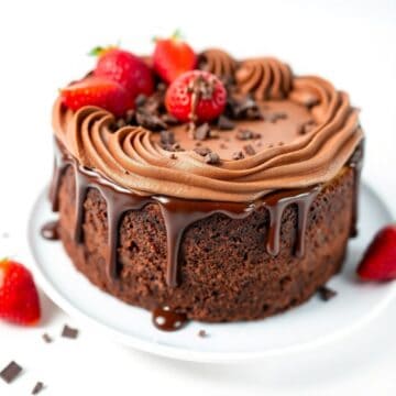 Chocolate cake with chocolate frosting, chocolate ganache drip, piped rosettes, fresh strawberries, and chocolate shavings...