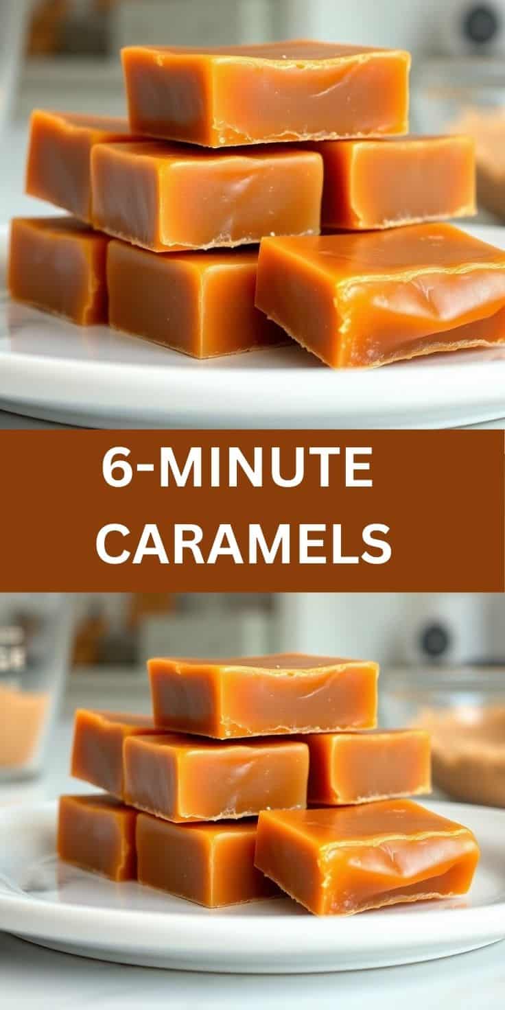 Stack of golden-brown homemade caramels on white plate, showing glossy surface and cut edges.