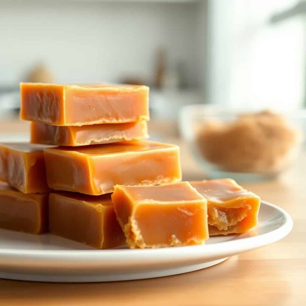Stacked homemade caramels with glossy amber surface displayed on white plate and wooden surface.