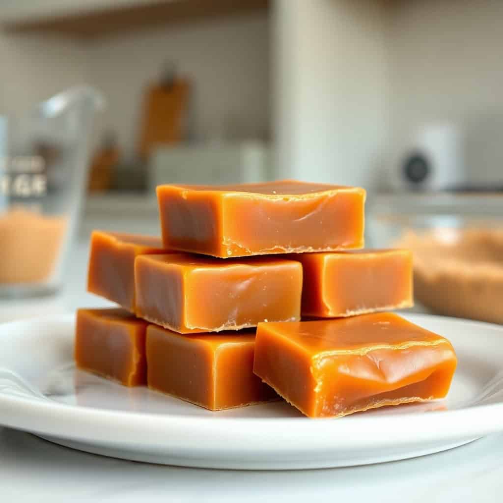 Stack of golden-brown caramels on white plate in bright kitchen setting.