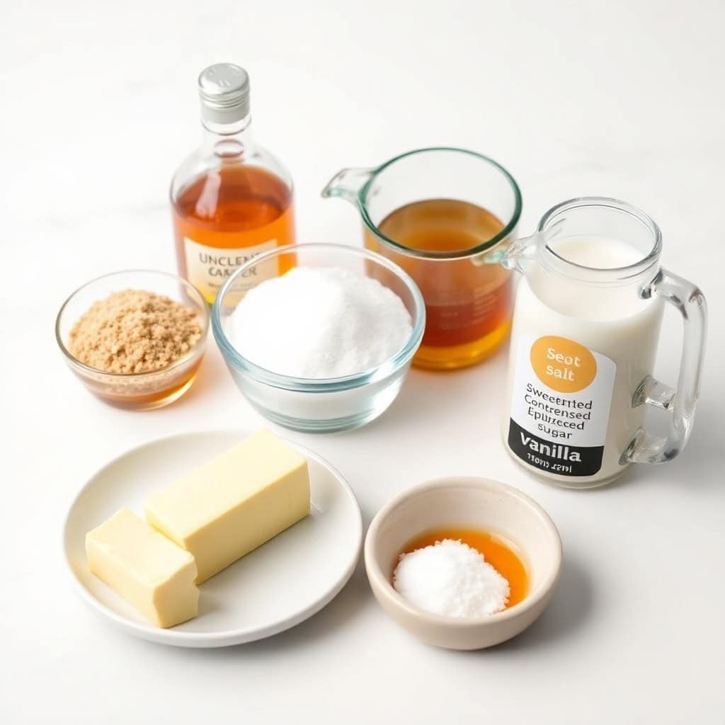 Ingredients for 6-minute caramels arranged on white surface: butter, sugar, condensed milk, vanilla, caramel sauce, and sp...
