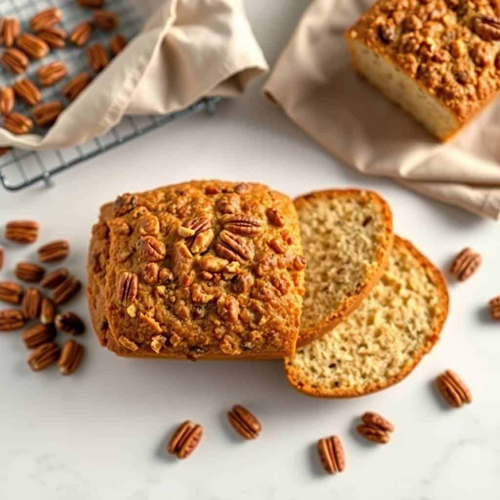 Sliced Alabama pecan bread with pecan topping on white surface, surrounded by scattered pecans.