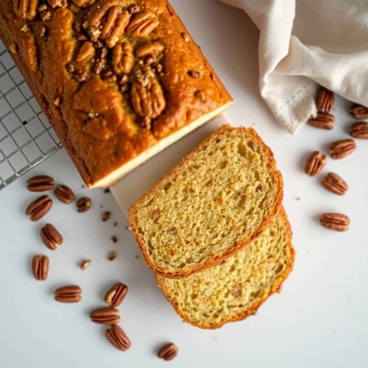 Sliced Alabama pecan bread with golden crust beside whole loaf, scattered pecans, and white linen.