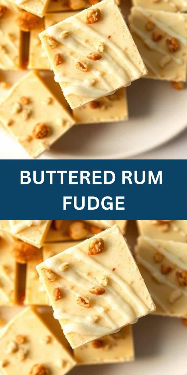 Buttered rum fudge squares with walnut pieces on white plate, cream and tan colored confection.