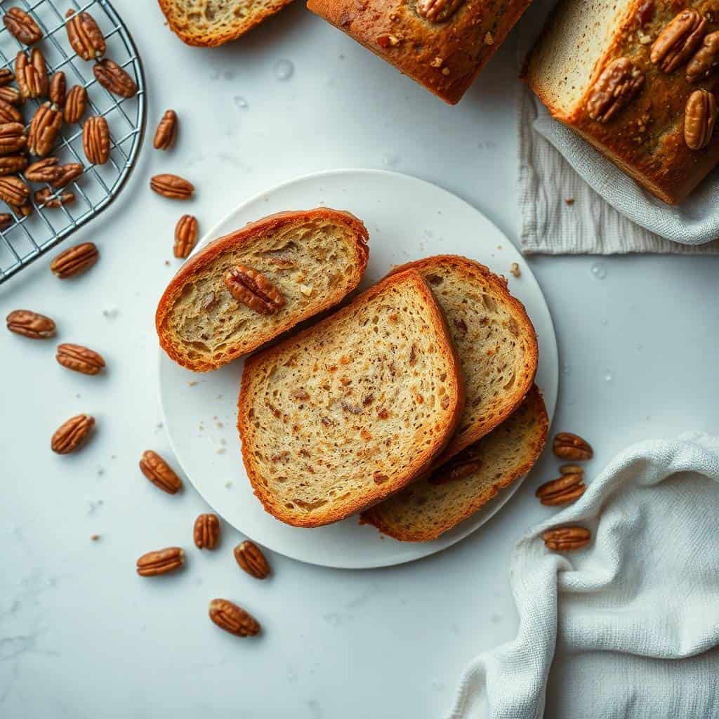 Sliced Alabama pecan bread on white plate with scattered pecans and cooling loaves on wire rack.