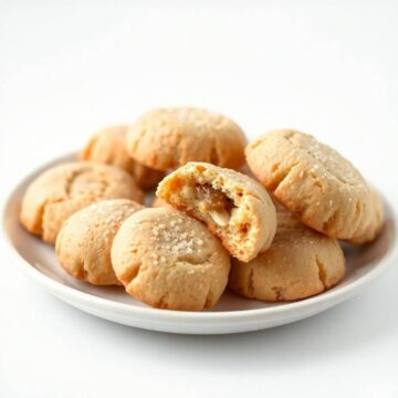 Golden almond amaretti cookies with cracked tops and sugar coating on a white plate.