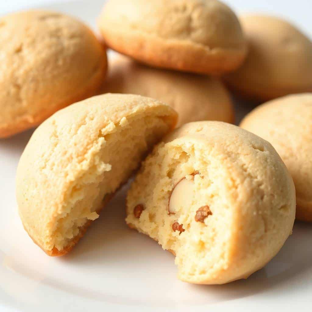 Almond amaretti cookies split open on white plate, showing crumbly golden interior with visible almond pieces.