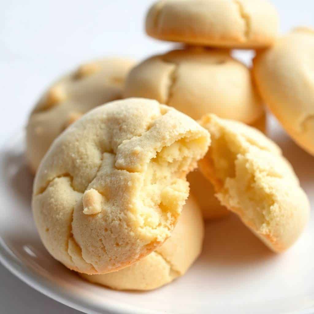 Almond amaretti cookies with cracked golden tops arranged on a white plate.