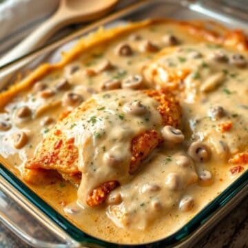 Creamy mushroom chicken bake in glass dish with golden cheese topping and fresh herbs.