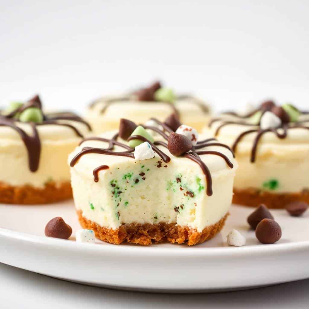 Andes mint mini cheesecakes with graham cracker crust, chocolate drizzle, and candy garnish on white plate.