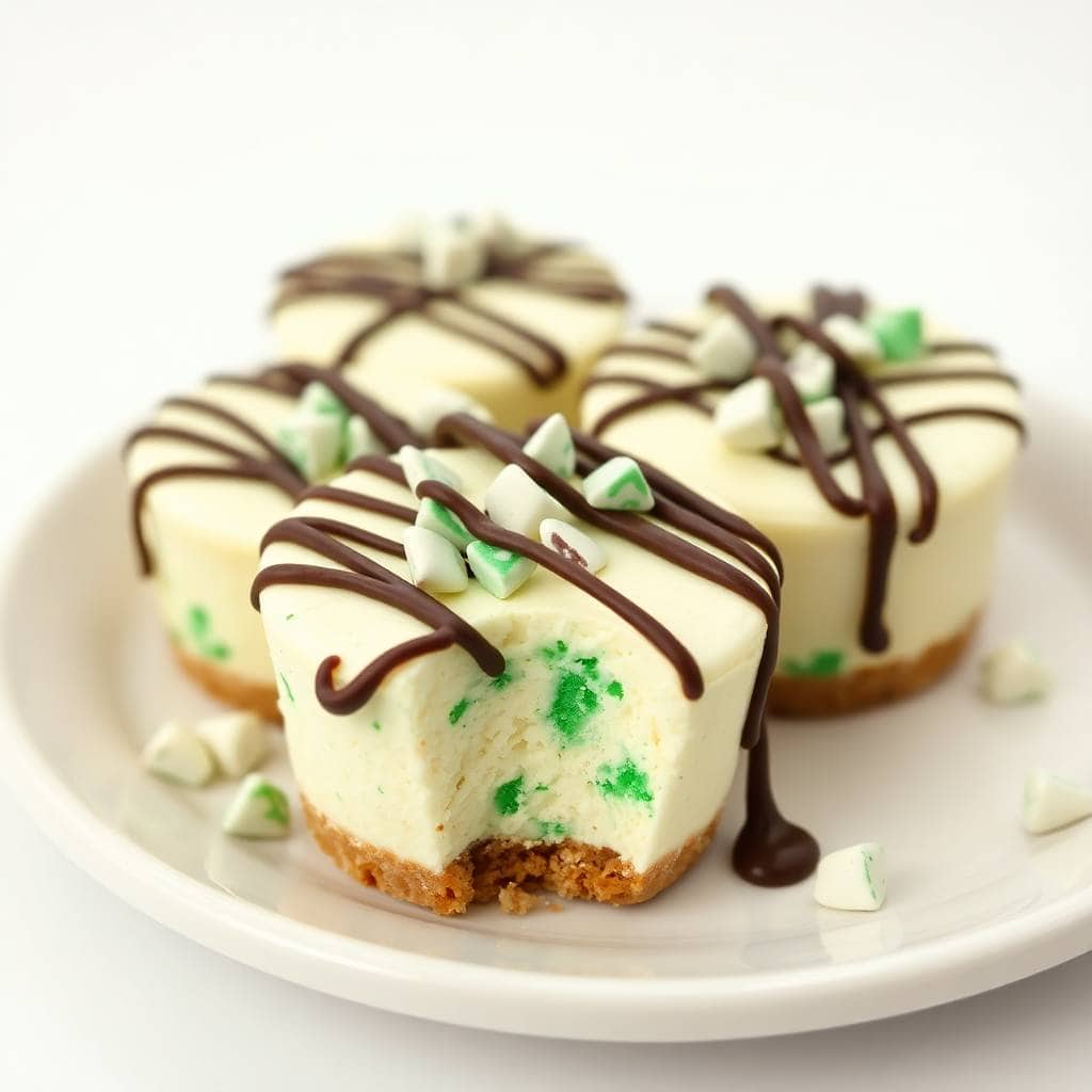 Andes mint mini cheesecakes with chocolate drizzle and green sprinkles on white plate.