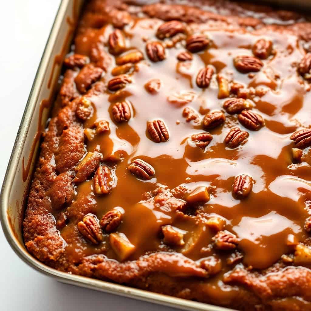 Apple pecan cake with caramel glaze in baking pan, topped with pecans and caramel drizzle.