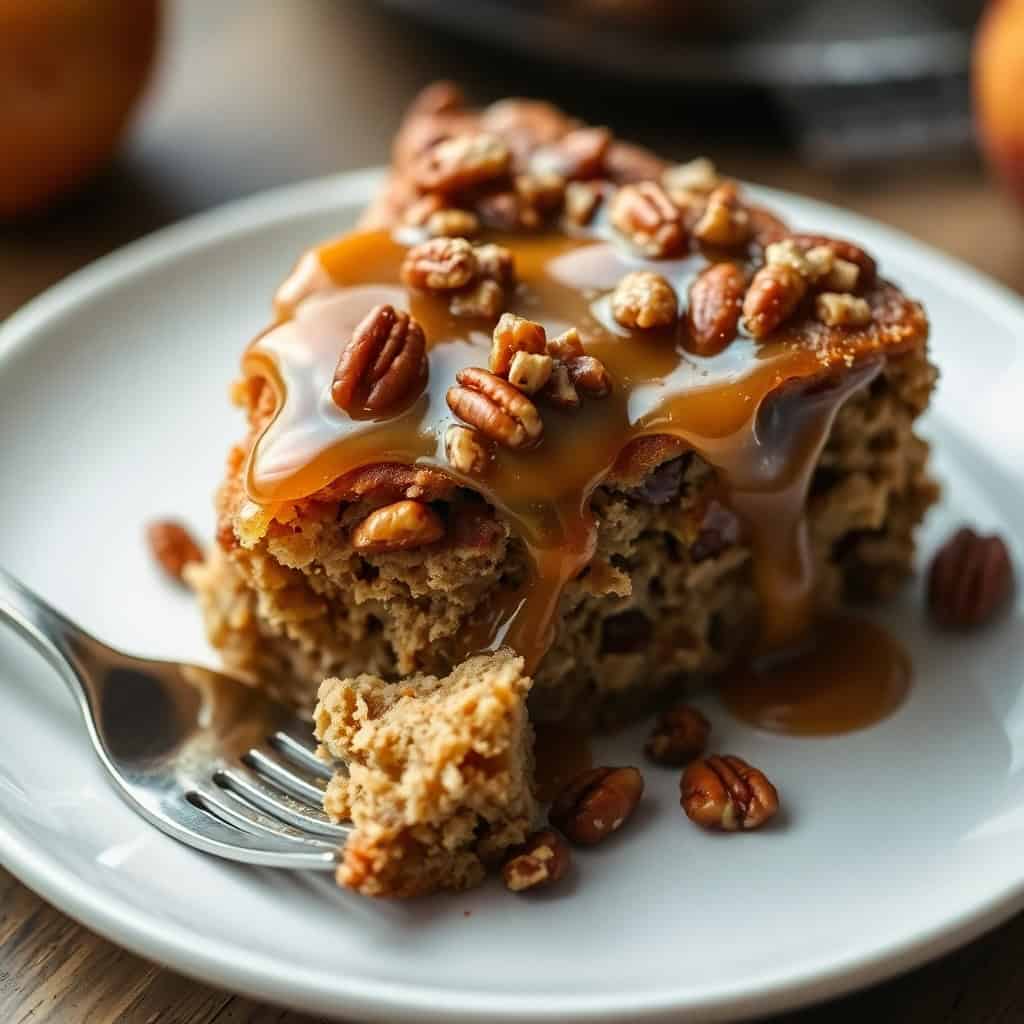 Slice of apple pecan cake with caramel glaze and pecan garnish on white plate with fork.