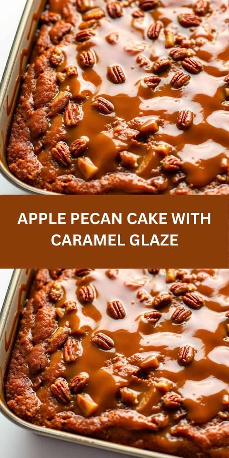 Apple pecan cake with caramel glaze in baking pan, topped with pecans and caramel drizzle.