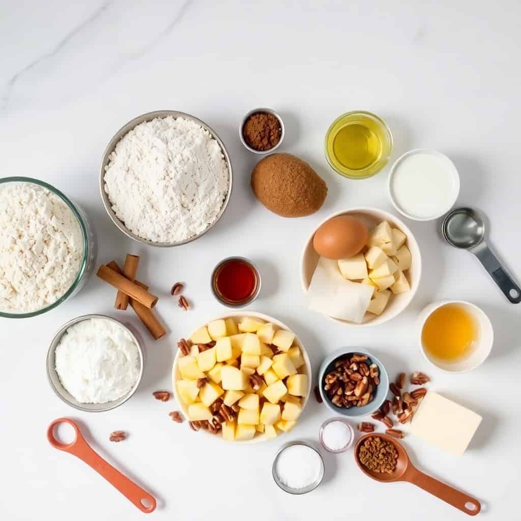 Apple pecan cake ingredients arranged on white surface including flour, apples, pecans, butter, eggs, and spices.