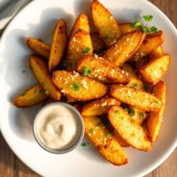 Baked garlic Parmesan potato wedges on white plate with creamy dipping sauce and fresh parsley garnish.