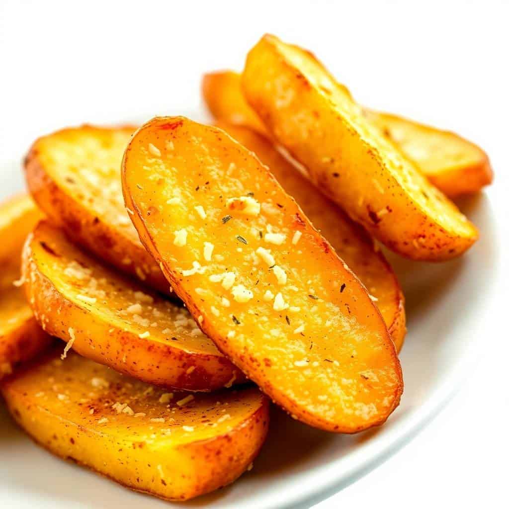 Baked garlic Parmesan potato wedges on white plate with golden-brown crispy exterior and herb seasoning.