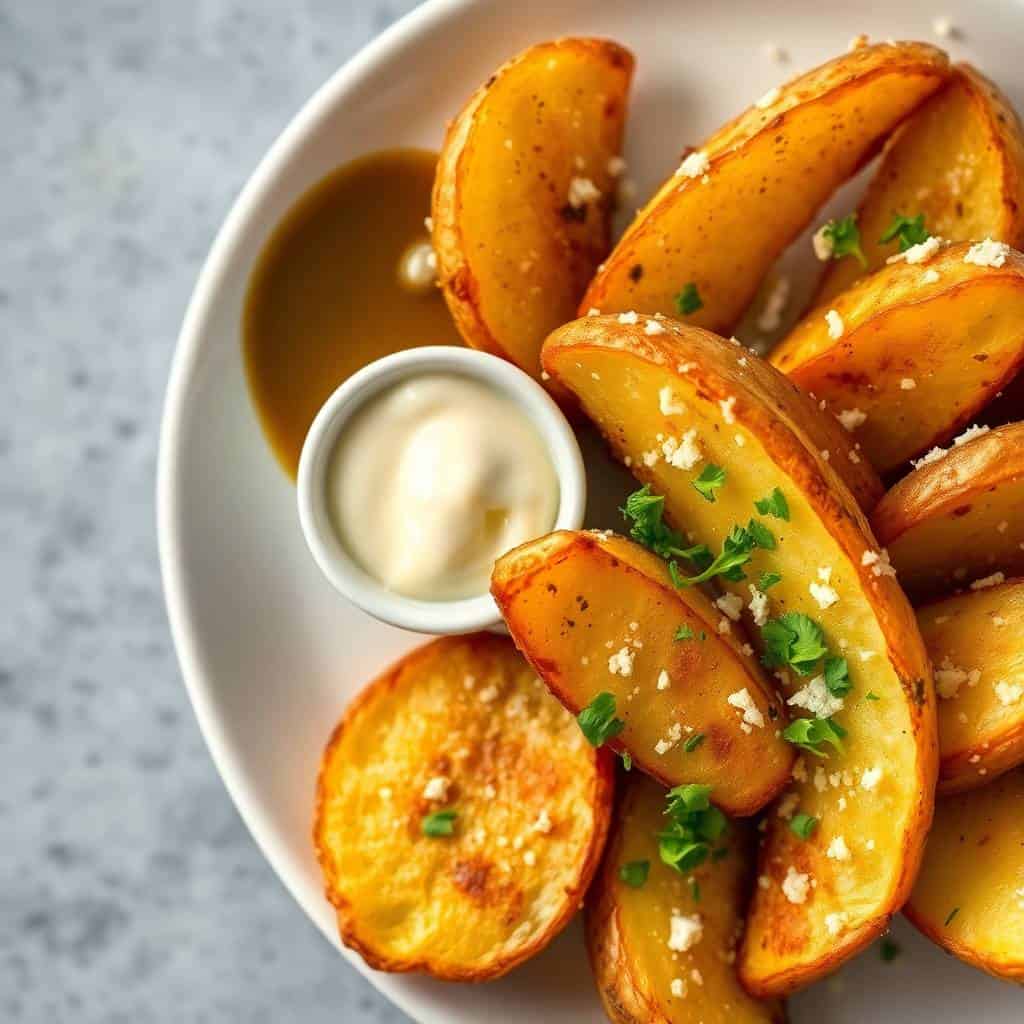 Baked garlic parmesan potato wedges garnished with parsley, served with dipping sauces in a white bowl.
