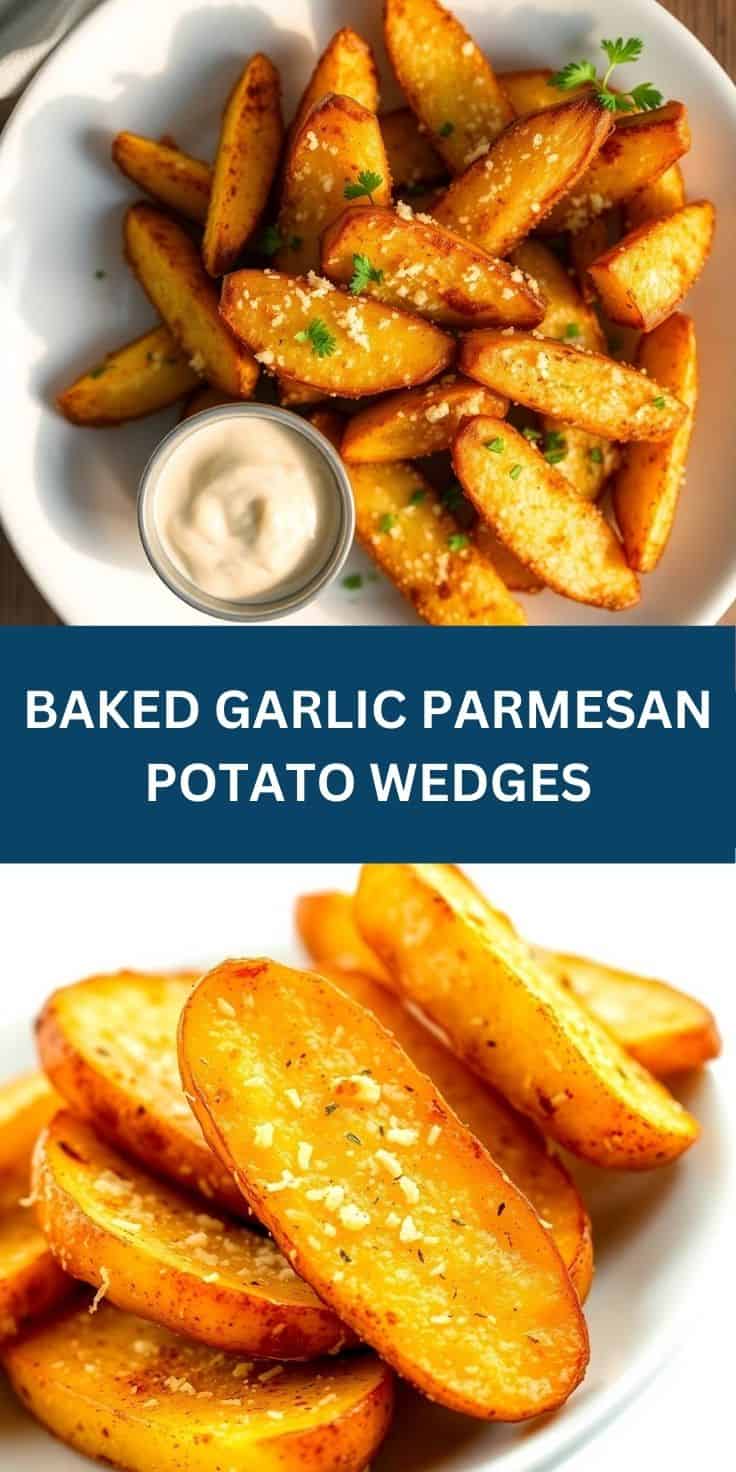 Golden baked garlic parmesan potato wedges garnished with parsley, served with white dipping sauce.