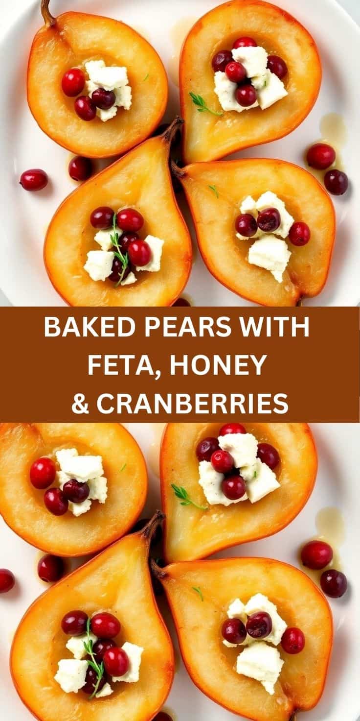 Halved baked pears topped with crumbled feta cheese, fresh cranberries, and herbs on white plate.